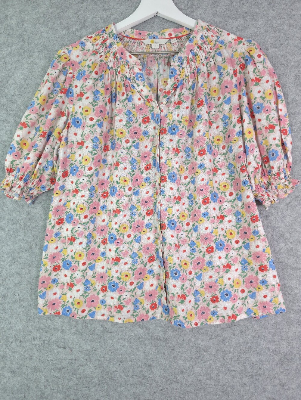 Boden Linen Floral Smocked Blouse Puff Short Sleeve Top Multicolor Size 10 - Picture 4 of 8